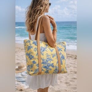 Talbots Yellow Floral Tote with Blue Print and Tan Straps